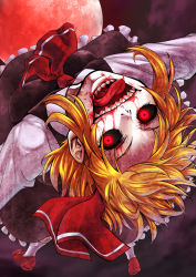 Rule 34 | 1girl, black dress, black sclera, blonde hair, blood, blood in mouth, blood on face, colored sclera, creepy, dress, flying, full moon, glowing, glowing eyes, hair ribbon, highres, horror (theme), long sleeves, looking at viewer, moon, necktie, night, night sky, open mouth, red eyes, red footwear, red moon, ribbon, rumia, sharp teeth, shirt, shoes, short hair, sky, smile, socks, solo, teeth, tongue, tongue out, touhou, upside-down, waiz (waiz009)