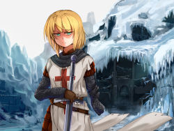 Rule 34 | 1girl, ahoge, amputee, aqua eyes, armor, bad id, bad pixiv id, belt, blonde hair, bookseve, buckle, chainmail, cross, frown, furrowed brow, gloves, green eyes, half-closed eyes, ice, jitome, knight, knights templar, original, single glove, snow, solo, sword, weapon
