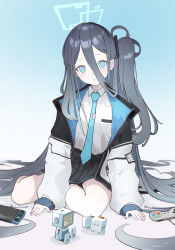 Rule 34 | 1girl, absurdres, aqua eyes, aqua necktie, aris (blue archive), bad id, bad pixiv id, black skirt, blue archive, blush, coat, controller, game controller, gradient background, grey hair, halo, handheld game console, highres, long hair, necktie, ocha (popopogg), one side up, open clothes, open coat, parted lips, pleated skirt, robot, school uniform, shirt, simple background, sitting, skirt, solo, very long hair, white shirt