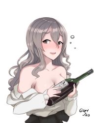Rule 34 | 10s, 1girl, bare shoulders, blush, bottle, breasts, brown eyes, cleavage, drunk, grey hair, hayabusa (vert 320), highres, kantai collection, large breasts, long hair, looking at viewer, off shoulder, pola (kancolle), solo, twitter username, undressing, wavy hair, wine bottle