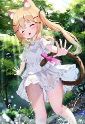 Rule 34 | 1girl, :d, ^ ^, animal ear fluff, animal ears, bell, blonde hair, blush, bow, cat ears, cat girl, cat tail, closed eyes, day, facing viewer, fang, frilled skirt, frills, glaze artifacts, hair between eyes, hair ornament, hairclip, highres, jingle bell, long hair, no panties, open mouth, original, outdoors, pink bow, see-through, shirt, short sleeves, siera (sieracitrus), skirt, smile, solo, splashing, sunlight, tail, tail bow, tail ornament, tree, twintails, very long hair, water, water drop, wet, wet clothes, wet shirt, wet skirt, white bow, white shirt, white skirt