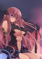 Rule 34 | 1girl, bare shoulders, blue eyes, breasts, iroha (unyun), large breasts, long hair, megurine luka, pink hair, sitting, solo, underboob, vocaloid