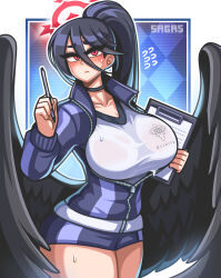 Rule 34 | 1girl, absurdres, black hair, black shorts, black wings, blue archive, breasts, clipboard, cowboy shot, feathered wings, gym uniform, hair between eyes, halo, hasumi (blue archive), hasumi (track) (blue archive), highres, holding, holding pen, jacket, large breasts, large wings, long hair, looking at viewer, low wings, mole, mole under eye, official alternate costume, partially unzipped, pen, ponytail, print shirt, red eyes, sagas293, shirt, shorts, solo, track jacket, wet, wet clothes, wet shirt, white shirt, wings