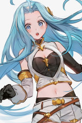 Rule 34 | 1girl, :o, ahoge, bare shoulders, black gloves, blue eyes, blue hair, blush, breasts, cleavage, cleavage cutout, clothing cutout, commentary request, cosplay, cowboy shot, crop top, detached sleeves, elbow gloves, gloves, granblue fantasy, grey background, long hair, lyria (granblue fantasy), midriff, navel, open mouth, parted bangs, relic buster (granblue fantasy), relic buster (granblue fantasy) (cosplay), shirt, shorts, simple background, single sleeve, sleeveless, sleeveless shirt, small breasts, solo, tekki (tki), white shirt, white shorts
