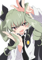 Rule 34 | 1girl, :d, anchovy (girls und panzer), black cape, black necktie, black ribbon, brown eyes, cape, commentary, girls und panzer, green hair, hair ribbon, ixy, long hair, long sleeves, looking at viewer, necktie, open mouth, ribbon, shirt, simple background, smile, solo, twintails, white background, white shirt