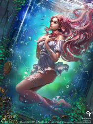 Rule 34 | 1girl, air bubble, ankle ribbon, artist name, barefoot, bubble, copyright name, copyright notice, crack, cracked glass, dated, dress, dutch angle, floating hair, glass, highres, holding breath, in container, leg ribbon, legend of the cryptids, liang xing, long hair, pink hair, ribbon, solo, submerged, underwater, water, water tank, watermark, web address, white dress