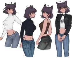Rule 34 | 1girl, animal ears, ass, black hair, black shirt, blake belladonna, breasts, casual, cat ears, crop top, denim, from behind, jacket, jeans, looking to the side, medium breasts, midriff, navel, pants, poses, roosterteeth, rwby, shirt, short hair, sketch, sweater, tank top, visualeffex, whale tail (clothing), white shirt