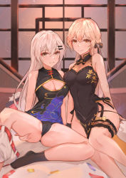 Rule 34 | 2girls, absurdres, arm behind back, black dress, black panties, blonde hair, bow, breasts, china dress, chinese clothes, cleavage, closed mouth, clothes pull, confetti, dress, girls&#039; frontline, grey eyes, hair bow, hair ornament, hairclip, hand on floor, hand on thigh, highres, long hair, looking at viewer, medium breasts, multiple girls, muteppona hito, no shoes, official alternate costume, on floor, open mouth, ots-14 (girls&#039; frontline), ots-14 (sangria succulent) (girls&#039; frontline), panties, shorts, shorts pull, silver hair, sitting, smile, socks, spread legs, svd (camellia&#039;s vigil) (girls&#039; frontline), svd (girls&#039; frontline), teeth, thighs, underwear, white shorts, window, yellow eyes