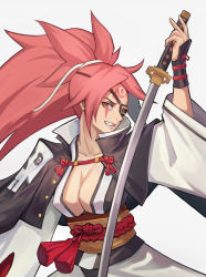 Rule 34 | 1girl, angry, baiken, eyepatch, guilty gear, guilty gear xrd, highres, holding, holding sword, holding weapon, kimino, long hair, looking at viewer, luzzeo00, pink eyes, pink hair, ponytail, samurai, solo focus, sword, weapon