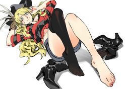 Rule 34 | 1girl, ankle boots, barefoot, blonde hair, blue eyes, boots, breasts, cleavage, cosplay, feet, freddy krueger (cosplay), highres, long hair, looking at viewer, lying, shirt, shoes, shorts, single thighhigh, smile, striped clothes, striped shirt, thighhighs, toes, unworn shoes