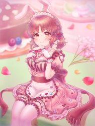 Rule 34 | 1girl, abe nana, animal ears, apron, blush, box, braid, breasts, brown dress, brown eyes, brown hair, cleavage, closed mouth, collar, detached collar, dress, fake animal ears, feet out of frame, frilled dress, frilled gloves, frilled thighhighs, frills, gift, gift box, gloves, highres, hiyori (20hiyori727), holding, holding gift, idolmaster, idolmaster cinderella girls, large breasts, looking at viewer, maid, maid headdress, medium dress, over-kneehighs, puffy short sleeves, puffy sleeves, rabbit ears, short sleeves, side braid, sidelocks, sitting, smile, socks, solo, split mouth, thighhighs, twintails, waist apron, white apron, white collar, white socks, white thighhighs