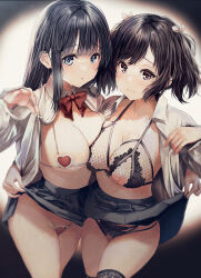 Rule 34 | 2girls, asymmetrical docking, black bra, black eyes, black hair, black panties, black skirt, black thighhighs, blue eyes, bow, bowtie, bra, breast press, breasts, cleavage, closed mouth, clothes lift, commentary, commission, crotchless, crotchless panties, dress shirt, fishnet bra, flower, frown, hair flower, hair ornament, hairclip, heart, heart bra, heart panties, heart print, kurono mitsuki, large breasts, lifting another&#039;s clothes, light frown, long hair, looking at viewer, medium breasts, micro bra, micro panties, miniskirt, multiple girls, nippleless clothes, open clothes, open shirt, opened by self, original, panties, parted lips, pleated skirt, print panties, red bow, red bowtie, red bra, red panties, school uniform, shirt, short hair, side-by-side, skeb commission, skirt, skirt lift, standing, straight hair, sweat, thighhighs, twintails, underwear, white shirt, wing collar