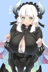 Rule 34 | 1girl, black dress, blush, bra, breasts, chamber dragonmaid, cleavage, dougaku (passionpit777), dragon girl, dragon horns, dress, duel monster, feathered wings, green eyes, hands up, highres, horns, large breasts, maid, maid headdress, solo, underwear, white bra, white hair, wings, yu-gi-oh!