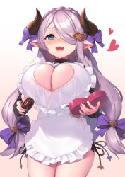 Rule 34 | 1girl, apron, blue eyes, blush, breasts, cleavage, cleavage cutout, clothing cutout, commentary request, draph, fangs, frilled apron, frills, gradient background, granblue fantasy, hair over one eye, hair ribbon, heart, heart-shaped pupils, heart cutout, highres, horns, hsuliherng, huge breasts, large breasts, legs together, light purple hair, long hair, looking at viewer, narmaya (granblue fantasy), narmaya (valentine) (granblue fantasy), open mouth, pointy ears, purple ribbon, ribbon, smile, solo, standing, symbol-shaped pupils, twintails, very long hair, white apron