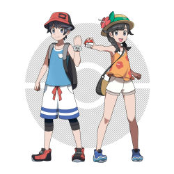 Rule 34 | 1boy, 1girl, :d, asatsuki (fgfff), backpack, bag, bare legs, bare shoulders, black hair, blue eyes, blue footwear, boots, braid, bucket hat, creatures (company), elio (pokemon), flat chest, flower, full body, game freak, hair flaps, hat, highres, holding, long hair, looking at viewer, nintendo, official alternate costume, official style, open mouth, pantyhose, pantyhose under shorts, poke ball, poke ball (basic), pokemon, pokemon usum, selene (pokemon), selene (pokemon usum), shirt, short hair, short sleeves, shorts, simple background, sleeveless, sleeveless shirt, smile, standing, sun hat, t-shirt, tank top, twin braids, white background, white shorts, you (pokemon usum), z-ring
