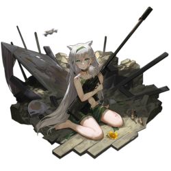 Rule 34 | 1girl, aged down, animal ears, anti-materiel rifle, barefoot, bleeding, blood, bolt-action rifle, bolt action, braid, breasts, bullpup, choker, closed mouth, dress, drone, feet, flower, full body, girls&#039; frontline, green dress, green eyes, green hairband, green ribbon, grey hair, gun, hair between eyes, hair flower, hair ornament, hair over shoulder, hair ribbon, hairband, holding, holding gun, holding weapon, injury, jewelry, ksvk (girls&#039; frontline), ksvk 12.7, long hair, looking at viewer, muzzle device, navel, necklace, official alternate costume, official art, pandea work, ribbon, rifle, sandals, sitting, smile, sniper rifle, solo, sunflower, toes, torn clothes, torn dress, transparent background, unmanned aerial vehicle, very long hair, wariza, weapon