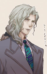 Rule 34 | 10s, 1boy, bow, formal, green eyes, grey hair, hair bow, hair ornament, hairclip, lips, long hair, male focus, necktie, okojo (qqww), pale skin, ponytail, simple background, solo, suit, tiger &amp; bunny, yuri petrov