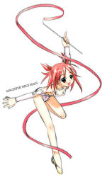 Rule 34 | 00s, 1girl, :d, athletic leotard, bare legs, breasts, copyright name, gymnastics, gymnastics ribbon, half-soles, happy, harmonia, leaning forward, leotard, looking at viewer, mahou sensei negima!, open mouth, orange hair, pink hair, plantar flexion, red eyes, rhythmic gymnastics, ribbon, ribbon baton, sasaki makie, short hair, simple background, small breasts, smile, solo, standing, standing on one leg, tiptoes, toe-point, white background