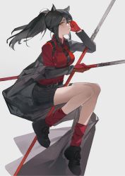 Rule 34 | 1girl, animal ears, arknights, bare legs, belt, black belt, black footwear, black hair, black jacket, black necktie, black shorts, breasts, chinese commentary, commentary request, dual wielding, full body, grey background, highres, holding, holding sword, holding weapon, jacket, long hair, long sleeves, looking at viewer, medium breasts, mouth hold, necktie, off shoulder, official alternate costume, ponytail, rabbit (tukenitian), red shirt, red socks, shirt, shoes, shorts, simple background, socks, solo, sword, texas (arknights), texas (willpower) (arknights), weapon, wolf ears, yellow eyes