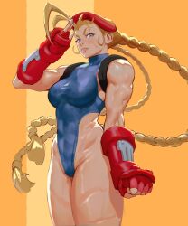 Rule 34 | 1girl, alternate color, antenna hair, arm at side, armored gloves, astrov, beret, blonde hair, blue eyes, blue leotard, braid, breasts, cammy white, commentary, cowboy shot, elbow gloves, english commentary, facial scar, fingerless gloves, furrowed brow, gloves, hat, highleg, highleg leotard, highres, large breasts, leotard, lips, long hair, low twin braids, muscular, muscular female, red gloves, red hat, salute, scar, scar on cheek, scar on face, solo, standing, street fighter, sweat, thick thighs, thighs, twin braids, vambraces, very long hair