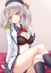 Rule 34 | 10s, 1girl, beret, black bra, black panties, black socks, blazer, blue eyes, blush, bow, bra, breasts, buttons, cleavage, collared shirt, commentary request, crossed legs, double-breasted, epaulettes, female focus, frilled sleeves, frills, gloves, half-closed eyes, hat, hat bow, jacket, kantai collection, kashima (kancolle), kneehighs, lace, lace-trimmed bra, lace trim, large breasts, lingerie, long hair, long sleeves, looking at viewer, military, military uniform, milkshakework, miniskirt, open clothes, open shirt, panties, red bow, shirt, sidelocks, silver hair, sitting, skirt, smile, socks, solo, twintails, underwear, uniform, white gloves