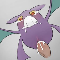 Rule 34 | 1girl, blush, colored sclera, creatures (company), crobat, cum, cum in pussy, disembodied penis, drooling, erection, game freak, gen 2 pokemon, grey background, hetero, highres, looking down, monster, nintendo, no humans, penis, pokemon, pokemon (creature), pussy, red eyes, saliva, sex, simple background, solo, tears, teeth, vaginal, wings, yellow sclera, youjo modoki