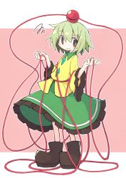 Rule 34 | 1girl, asameshi, black footwear, blush stickers, commentary, frilled sleeves, frills, full body, green hair, green skirt, hands up, komeiji koishi, no headwear, no headwear, object on head, pink background, raised eyebrow, shirt, shoes, short hair, skirt, solo, squiggle, third eye, touhou, wide sleeves, yellow shirt