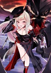 Rule 34 | 1girl, absurdres, azur lane, black dress, boots, breasts, cleavage, cross, dress, elbow gloves, fishnet thighhighs, fishnets, gloves, grey hair, hat, highres, iron cross, large breasts, long hair, looking at viewer, military hat, purple eyes, red footwear, rigging, sakamoto (slopepepepe), side slit, solo, thighhighs, very long hair, yorck (azur lane)