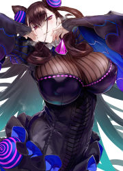 Rule 34 | 1girl, bad id, bad pixiv id, black dress, breasts, brown hair, colored skin, commentary request, cone hair bun, covered erect nipples, double bun, dress, fate/grand order, fate (series), frills, hair between eyes, hair bun, hair ornament, hands up, highres, ikuchan kaoru, large breasts, long hair, long sleeves, looking at viewer, multicolored skin, murasaki shikibu (fate), parted lips, puffy sleeves, purple eyes, revision, simple background, solo, very long hair, white background