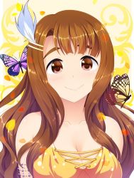 Rule 34 | 1girl, bad id, bad twitter id, bare shoulders, bracelet, breasts, bug, butterfly, cleavage, closed mouth, commentary request, dress, hair ornament, hairclip, highres, idolmaster, idolmaster million live!, insect, jewelry, large breasts, long hair, looking at viewer, miyao miya, petals, simple background, smile, solo, totokichi, upper body, yellow dress