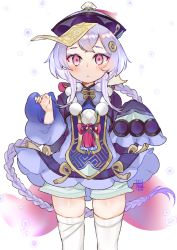 Rule 34 | 1girl, braid, closed mouth, cowboy shot, dated, dress, genshin impact, grey shorts, hair ornament, hat, highres, jiangshi, long hair, long sleeves, looking at viewer, ofuda, ofuda on clothes, pink eyes, purple dress, purple hair, purple hat, qingdai guanmao, qiqi (genshin impact), short dress, shorts, signature, single braid, sleeves past fingers, sleeves past wrists, solo, standing, thighhighs, very long hair, white background, white thighhighs, yun-yang