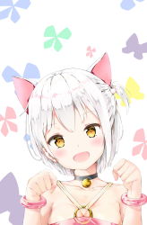 Rule 34 | 1girl, animal ears, bare shoulders, bell, blush, bracelet, breasts, cat ears, choker, cleavage, collarbone, highres, jewelry, looking at viewer, medium breasts, neck bell, open mouth, original, short hair, smile, solo, upper body, white hair, yellow eyes, yi zhi bai bo