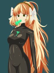 Rule 34 | 1girl, 54772, black bodysuit, blue background, bodysuit, bow, breasts, covered navel, cowboy shot, food, green eyes, hair bow, high ponytail, ishmael (project moon), limbus company, medium breasts, orange hair, popsicle, project moon, sidelocks, simple background, wet, wet clothes, wet hair, white bow