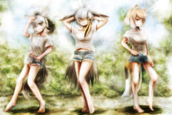 Rule 34 | 3girls, aardwolf (kemono friends), animal ears, arm at side, arm up, arms behind head, arms up, bare arms, bare legs, barefoot, bird tail, black hair, blonde hair, casual, closed mouth, contemporary, cutoffs, day, denim, denim shorts, extra ears, fox ears, fox tail, green eyes, grey eyes, grey hair, hair between eyes, half-closed eyes, hand in pocket, hand on own hip, high ponytail, kemono friends, light brown hair, long hair, looking at viewer, midriff peek, multicolored hair, multiple girls, outdoors, pocket, ponytail, shirt, shoebill (kemono friends), short hair, short shorts, short sleeves, shorts, sidelocks, smile, stealstitaniums, stomach, tail, tibetan fox (kemono friends), two-tone hair, white hair, white shirt