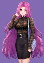 Rule 34 | 1girl, absurdres, arm at side, bad id, bad pixiv id, bag, black-framed eyewear, black shirt, black skirt, blush, breasts, clothing request, collar, commentary request, cowboy shot, earrings, fate/grand order, fate (series), female focus, glasses, hand up, handbag, high-waist skirt, highres, hood, hua-j, jewelry, large breasts, legs together, long hair, long sleeves, looking at viewer, matching hair/eyes, medusa (fate), medusa (rider) (fate), nail polish, open mouth, parted bangs, parted lips, pencil skirt, purple background, purple eyes, purple hair, shirt, shirt tucked in, simple background, skirt, sleeves past wrists, smile, solo, teeth, very long hair