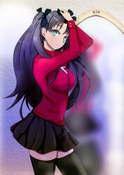 Rule 34 | absurdres, black hair, black skirt, black thighhighs, blue eyes, breasts, fate/stay night, fate (series), hair ribbon, highres, long hair, looking at viewer, medium breasts, michikusaboushi (p o q), miniskirt, mirror, red sweater, ribbon, skirt, solo, sweater, thighhighs, tohsaka rin, two side up, zettai ryouiki