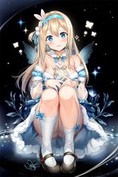 Rule 34 | 1girl, artist name, ass, bare shoulders, black footwear, blonde hair, blue dress, blue eyes, blue headband, blue ribbon, blush, breasts, cleavage, closed mouth, collar, collarbone, crossed arms, dress, fake wings, full body, fur-trimmed dress, fur trim, girls&#039; frontline, hair between eyes, hair ornament, hair ribbon, hairband, headband, highres, long hair, looking at viewer, mary janes, medium breasts, narae, off shoulder, official alternate costume, panties, pantyshot, ribbon, see-through, shoes, sidelocks, sitting, snowflake hair ornament, solo, sparkle, star (symbol), suomi (girls&#039; frontline), suomi (korvatunturi pixie) (girls&#039; frontline), thighhighs, thighs, underwear, white background, wings