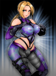 Rule 34 | 1041 (toshikazu), 1girl, blonde hair, bodysuit, breasts, camouflage, catsuit, curvy, detached sleeves, fighting stance, gloves, hip focus, holster, knife, large breasts, namco, nina williams, ponytail, sheath, skin tight, solo, tekken, tekken 2, tekken 3, tekken 4, tekken 5 (dark resurrection), tekken tag tournament, thick thighs, thigh holster, thighs, weapon, wide hips