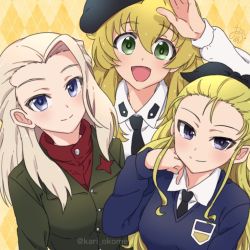 Rule 34 | 10s, 3girls, :d, anzio school uniform, arm up, artist name, assam (girls und panzer), beret, black hat, black neckwear, black ribbon, blonde hair, blue eyes, blue sweater, carpaccio (girls und panzer), clara (girls und panzer), closed mouth, color connection, dress shirt, emblem, girls und panzer, green eyes, green jacket, hair color connection, hair pulled back, hair ribbon, hand on own face, hat, jacket, kari okome, long hair, long sleeves, looking at viewer, multiple girls, necktie, open mouth, red shirt, ribbon, school uniform, shirt, signature, smile, st. gloriana&#039;s school uniform, standing, sweater, turtleneck, twitter username, upper body, v-neck, white shirt, wing collar, yellow background