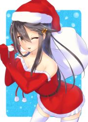 Rule 34 | 10s, 1girl, ;), alternate costume, bag, bare shoulders, black hair, breasts, cleavage, elbow gloves, gloves, hair ornament, hairclip, haruna (kancolle), hat, holding, holding bag, kantai collection, large breasts, long hair, one eye closed, rain yadori, santa costume, santa hat, smile, solo, thighhighs, very long hair, white thighhighs
