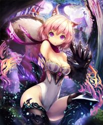 Rule 34 | 10s, 1girl, :&lt;, animal ears, animal hands, armor, armored boots, artist request, bare shoulders, boots, claws, cygames, forest, gem, house, knee up, leotard, nature, official art, pink hair, purple eyes, scarf, shadowverse, shingeki no bahamut, short hair, sitting, skindentation, tail, torn clothes, underbrush beast girl