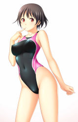 Rule 34 | 1girl, bare shoulders, black hair, breasts, collarbone, competition swimsuit, covered erect nipples, finger to mouth, highres, kuri (kurigohan), looking at viewer, one-piece swimsuit, original, red eyes, short hair, sideboob, simple background, skin tight, solo, speedo (company), swimsuit