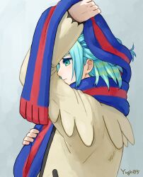 Rule 34 | 1boy, arm up, blue scarf, closed mouth, commentary request, creatures (company), from side, game freak, green eyes, green hair, grey background, grusha (pokemon), holding, holding clothes, holding scarf, jacket, long sleeves, looking down, male focus, nintendo, pokemon, pokemon sv, scarf, signature, solo, striped clothes, striped scarf, upper body, yellow jacket, yuu (hguy sv)