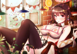 Rule 34 | 1girl, armchair, between legs, black thighhighs, blurry, blush, book, bookshelf, bow, bra, breasts, brick, brick wall, brown hair, ceiling light, chair, covering crotch, covering privates, depth of field, desk, detached collar, female focus, food, frills, from side, fruit, garter straps, hair bow, hair ornament, hair ribbon, hairclip, hand between legs, holding, holding clothes, holding panties, holding underwear, indoors, key, knees up, lace, lace-trimmed bra, lace-trimmed panties, lace trim, large breasts, long hair, looking at viewer, low twintails, neck ribbon, nipples, orange (fruit), orange slice, original, out-of-frame censoring, panties, parted lips, pennant, plant, pussy juice, reclining, red eyes, ribbon, ringlets, shelf bra, side-tie panties, solo, sticker, string of flags, striped bra, striped clothes, striped panties, suihei sen, thighhighs, twintails, underwear, underwear only, untied panties, unworn panties, vertical-striped clothes, vertical-striped panties, window
