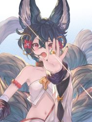 Rule 34 | 1girl, animal ears, bandages, bare shoulders, betabeet, blue hair, blush, collar, collarbone, commentary, english commentary, erune, fang, fingernails, fox ears, fox girl, fox tail, granblue fantasy, hair ornament, highres, jewelry, large tail, long fingernails, multiple tails, navel, open mouth, outstretched arm, outstretched hand, red eyes, ring, short hair, solo, standing, tail, you (granblue fantasy)