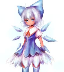Rule 34 | 1girl, adapted costume, ahoge, amano jack, blue eyes, blush, bow, cirno, dress, expressionless, feather skirt, hair bow, hidden star in four seasons, highres, ice, ice wings, large bow, looking at viewer, puffy short sleeves, puffy sleeves, short sleeves, silver hair, solo, tan, tanned cirno, thighhighs, touhou, wings, zettai ryouiki