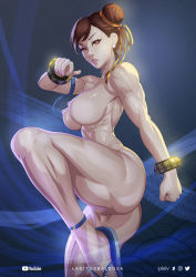 Rule 34 | 1girl, anklet, ass, breasts, brown eyes, brown hair, capcom, chun-li, earrings, hair bun, hair ribbon, highres, jewelry, laditos baldosa, large breasts, leg up, lipstick, makeup, nipples, nude, official alternate costume, pussy, ribbon, sandals, solo, standing, standing on one leg, street fighter, street fighter v, wrist cuffs