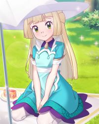 Rule 34 | 1girl, blanket, blonde hair, blush, bush, cake, closed mouth, commentary request, creatures (company), day, dress, eyelashes, food, game freak, gazing eye, grass, green dress, green eyes, hat, highres, knees, lens flare, light rays, lillie (pokemon), lillie (special costume) (pokemon), long hair, looking at viewer, nintendo, official alternate costume, outdoors, own hands together, pantyhose, plate, pokemon, pokemon masters ex, short sleeves, sitting, smile, solo, split mouth, tree, umbrella, white hat, white pantyhose