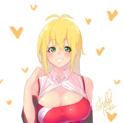 Rule 34 | 1girl, absurdres, antenna hair, bare shoulders, blonde hair, blush, breasts, cleavage, collared shirt, commentary request, detached sleeves, green eyes, grin, heart, heart background, highres, large breasts, layered shirt, long hair, looking at viewer, partially unbuttoned, red shirt, shade of trees, shirt, signature, simple background, sleeveless, sleeveless shirt, smile, solo, tsurumaki maki, upper body, voiceroid, white background, white shirt