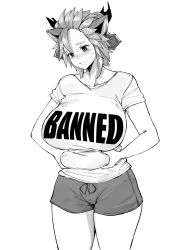 Rule 34 | 1girl, belly, blush, breasts, clothes writing, commentary, commission, cowboy shot, duel monster, english commentary, fat rolls, greyscale, highres, large breasts, monochrome, norman maggot, plump, shirt, short hair, short shorts, shorts, simple background, solo, standing, sweatdrop, t-shirt, weight conscious, white background, yu-gi-oh!, yu-gi-oh! duel monsters, zoodiac drancia, zoodiac drident